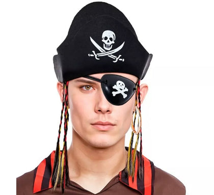 Kit de Pirata: Sombrero con Trenzas, Pendiente y Parche