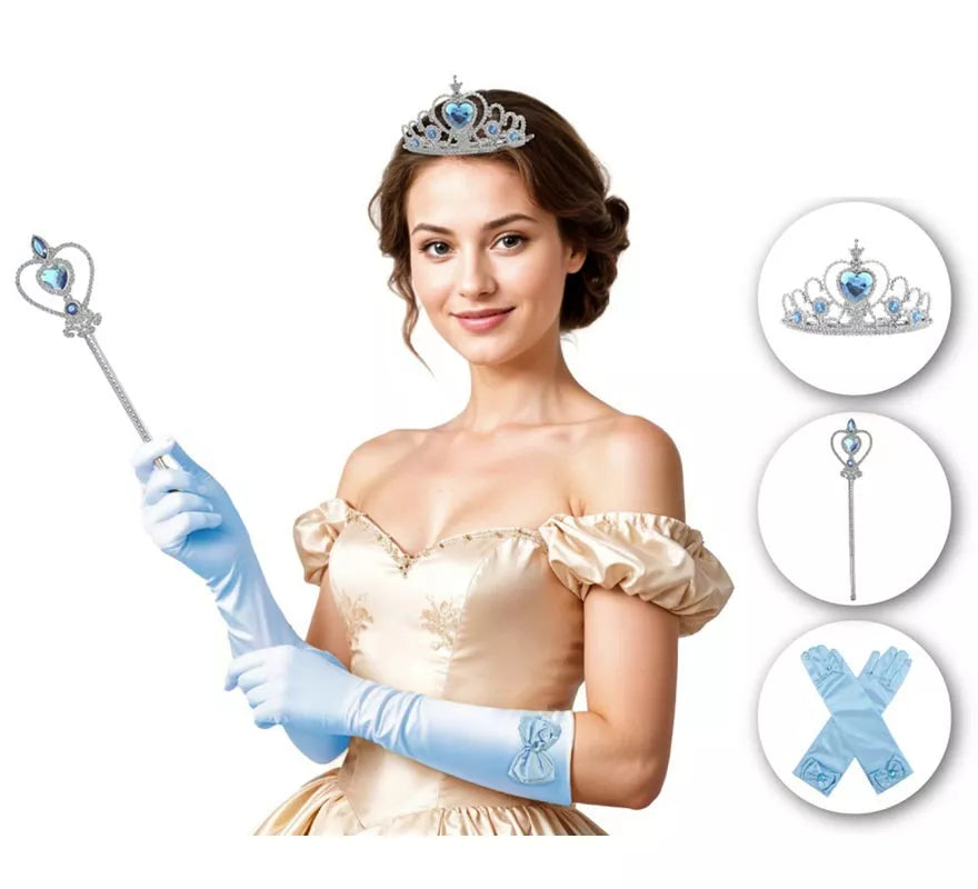 Kit de Princesa azul adulto: Guantes, Corona y cetro