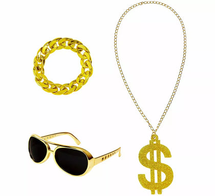 Kit de Rapero o Jeque Árabe: Gafas, Collar de Dólar y Pulsera