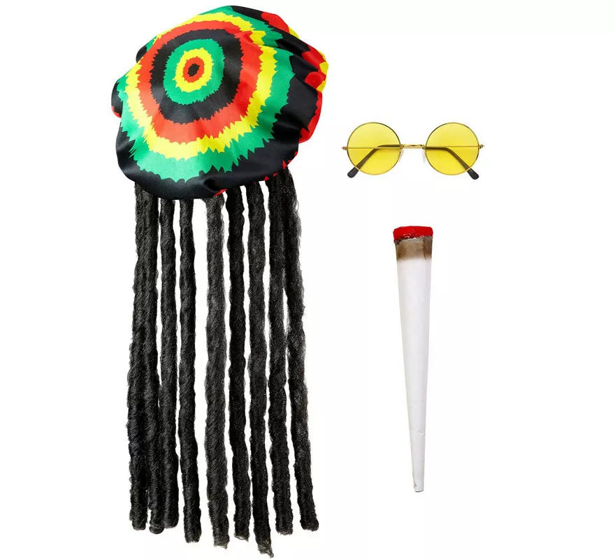 Kit de Rastafari: Gorro con rastas, Gafas y Cigarro