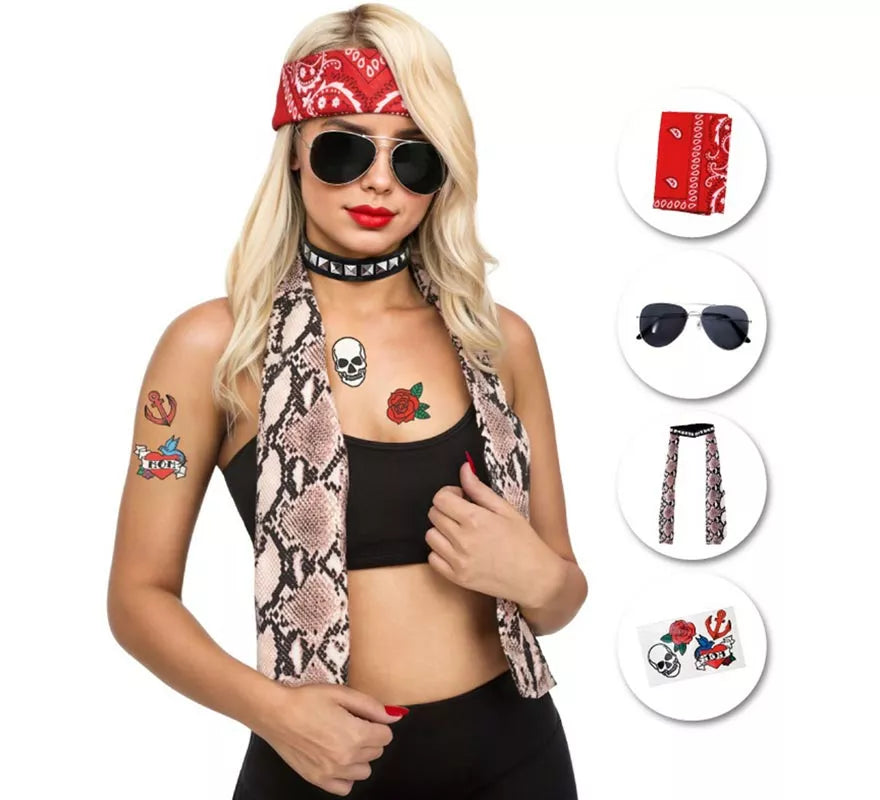 Kit de Rockero Años 80: Pañuelo, Gafas, Collar y Tatuajes
