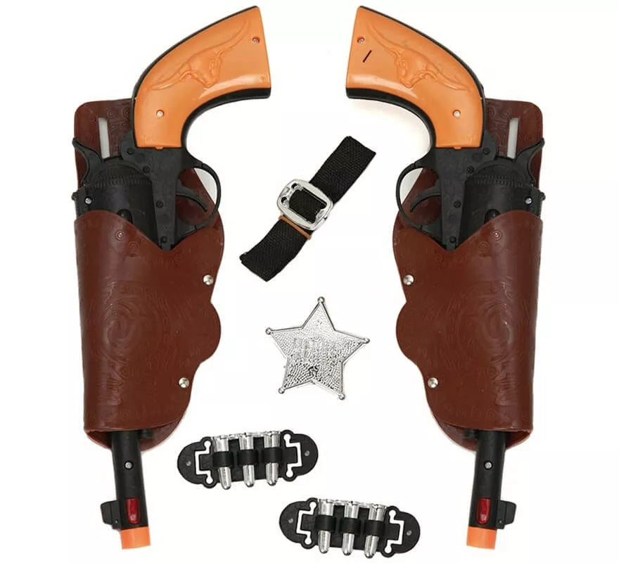 Kit de Sheriff: 2 Pistolas negras, Cartucheras, Cinturón, Balas y Estrella