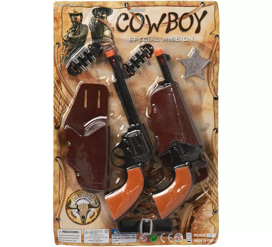 Translation missing: en.Kit de Sheriff: 2 Pistolas negras, Cartucheras, Cinturón, Balas y Estrella
