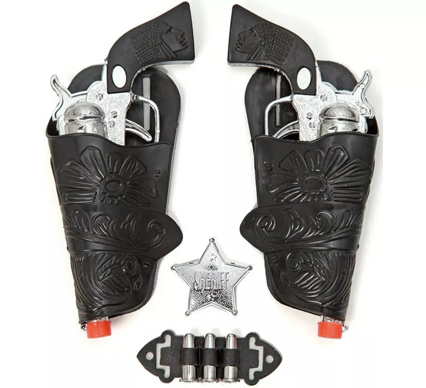 Kit de Sheriff: 2 Pistolas plateadas, Cartucheras, Balas y Estrella
