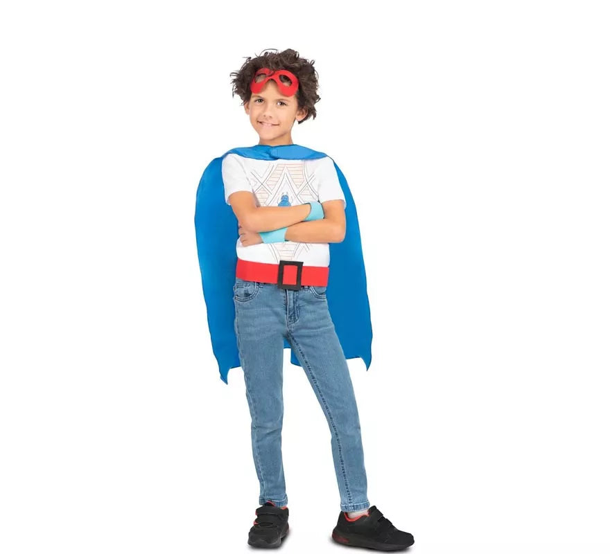 Kit de Superhéroe azul infantil: antifaz, capa y cinturón