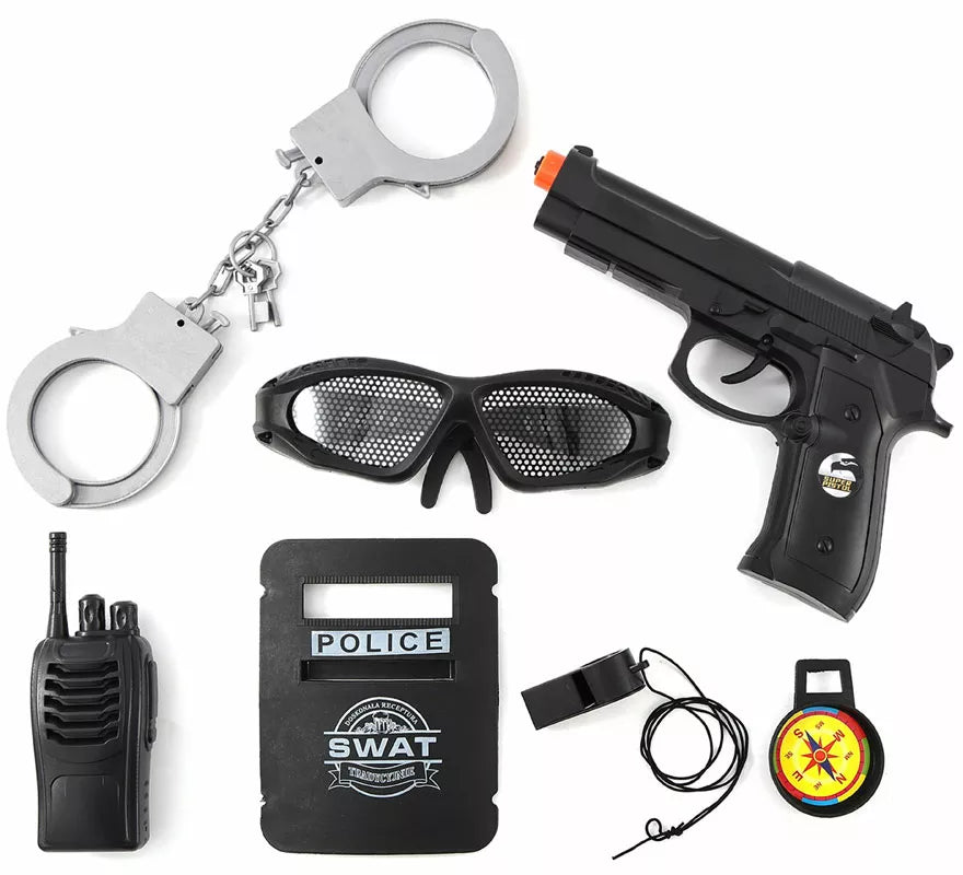 Translation missing: en.Kit de SWAT: Esposas, Placa, Silbato, Walkie, Gafas, Brújula y Pistola de plástico