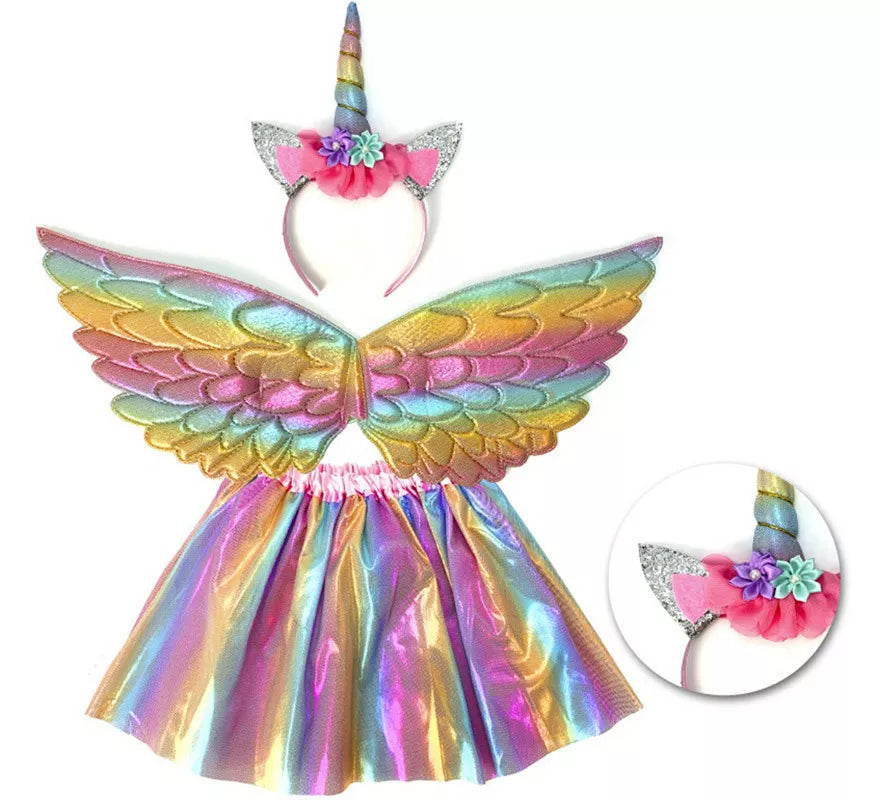 Kit de Unicornio Arcoíris Infantil: Diadema, Alas y Tutú