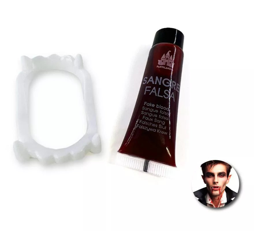 Kit de Vampiro: Tubo de Sangre falsa y dentadura