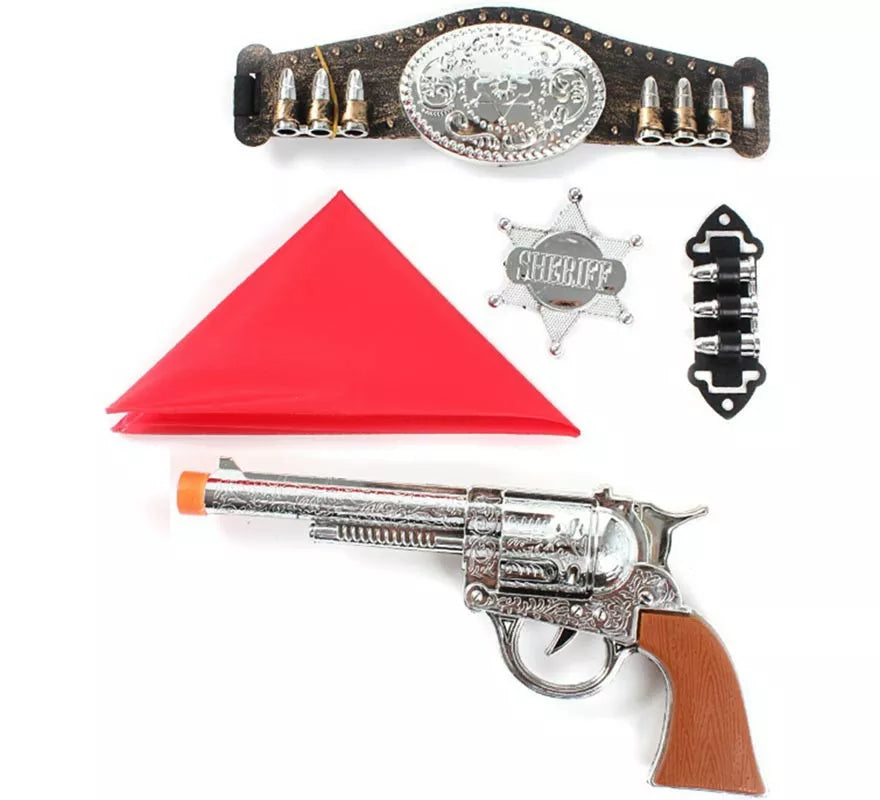 Translation missing: en.Kit de Vaquero: Pistola de juguete, Pañuelo, Estrella, Balas y Cinturón