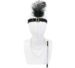 1920s Flapper Kit: Ribbon with Feather, Necklace and Cigarette Mouthpiece