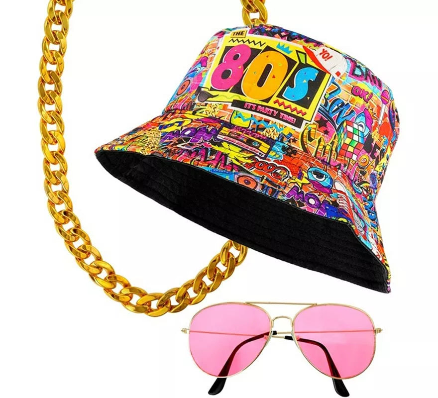 Kit Funky Años 80: Sombrero, Gafas y Collar