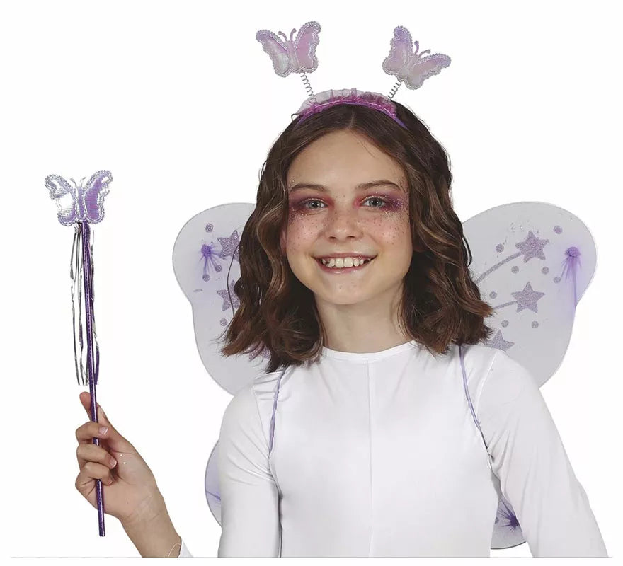 Kit Hada Mariposa Lila: Diadema, Varita y Alas de 35x40 cm