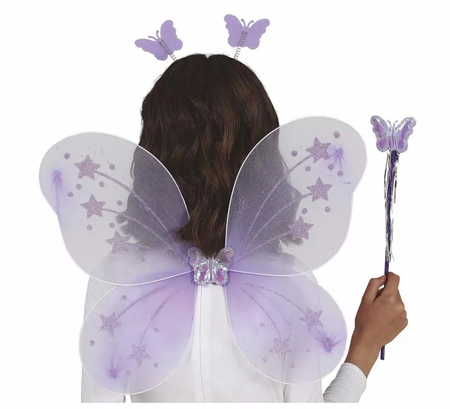 Kit Hada Mariposa Lila: Diadema, Varita y Alas de 35x40 cm