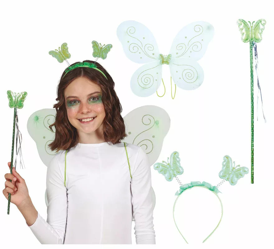 Translation missing: en.Kit Hada Mariposa Verde: Diadema, Varita y Alas de 35x40 cm