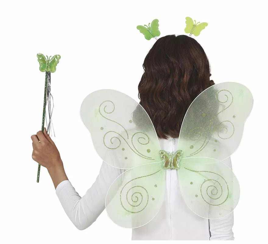 Translation missing: en.Kit Hada Mariposa Verde: Diadema, Varita y Alas de 35x40 cm