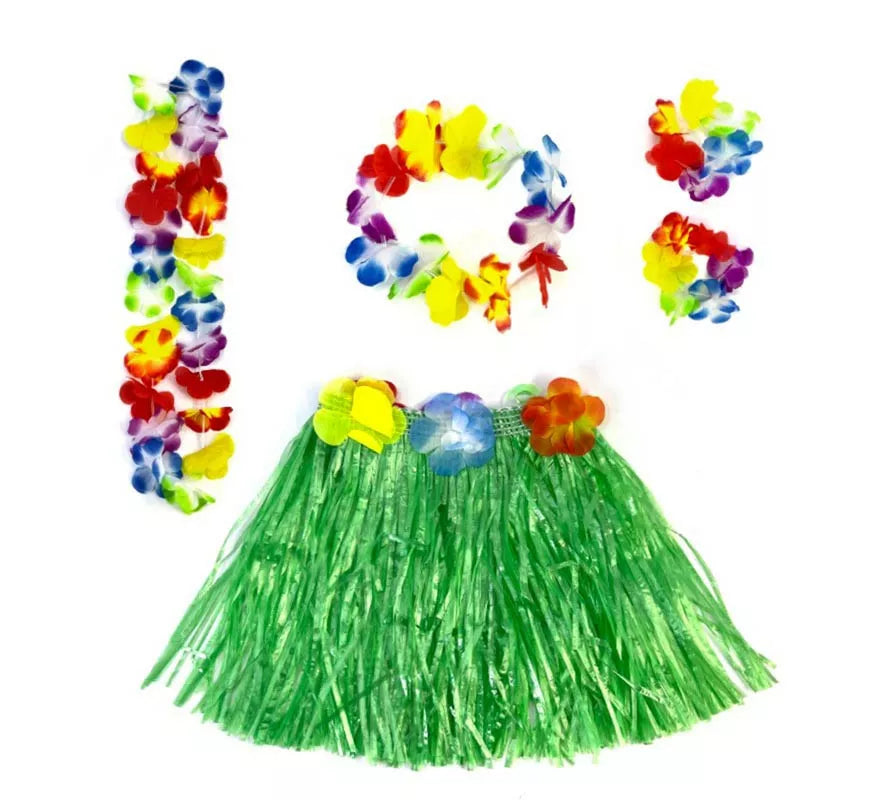 Kit Hawái Verde: Falda, Collar, Pulseras y Tocado