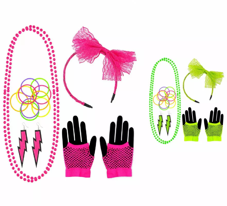 Kit Neón en varios colores Años 80: Diadema, Collar, Pulseras, Pendientes y Guantes