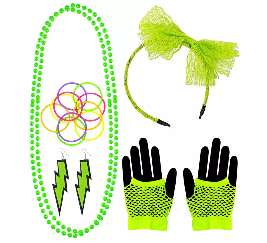 Kit Neón en varios colores Años 80: Diadema, Collar, Pulseras, Pendientes y Guantes