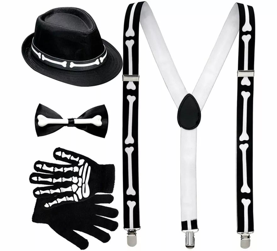 Translation missing: en.Kit o Disfraz de Esqueleto Elegante para hombre: Tirantes, Pajarita, Guantes y Gorro Huesos