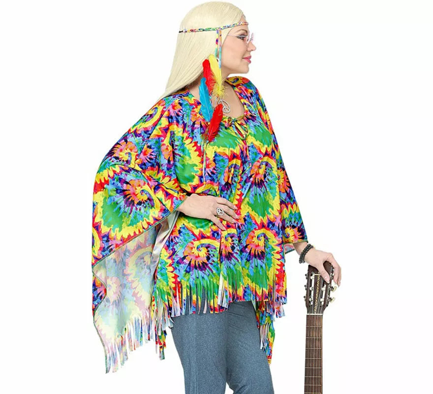 Kit o Disfraz de Hippie Psicodélico: Poncho y Diadema