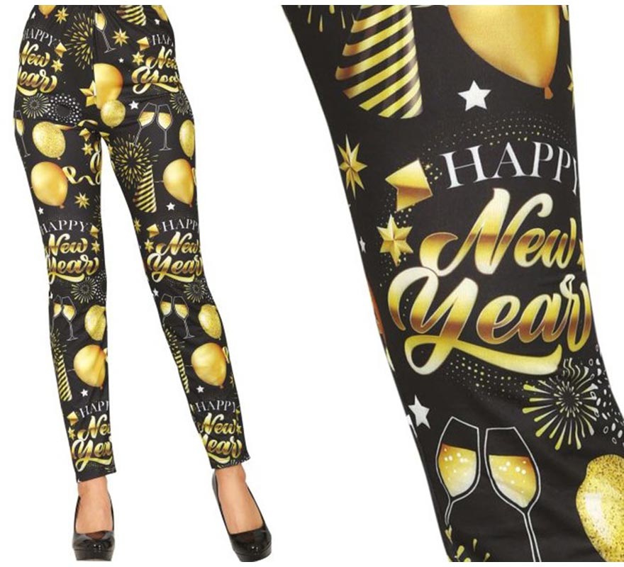 Translation missing: en.Leggings Happy New Year negro y dorado para mujer