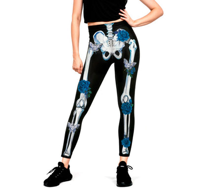 Leggins de Esqueleto con Flores azules para mujer