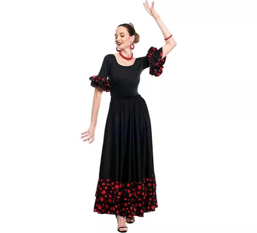 Translation missing: en.Maillot Sevillana con Volante Lunar negro y rojo para mujer