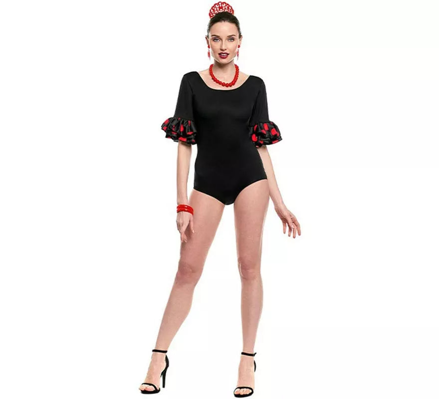 Maillot Sevillana con Volante Lunar negro y rojo para mujer