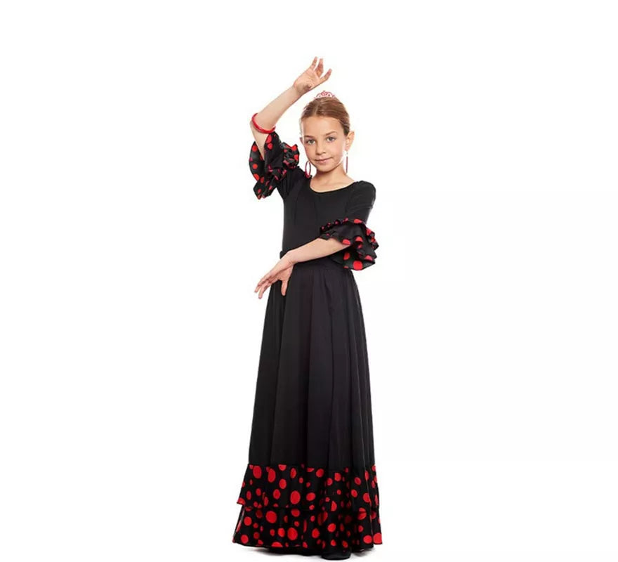 Body o maillot Sevillana con Volante Lunar negro y rojo para niña