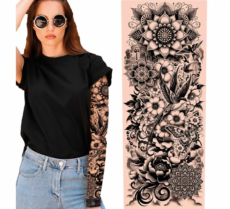 Translation missing: en.Manga de Tatuaje floral blanco y negro adulto