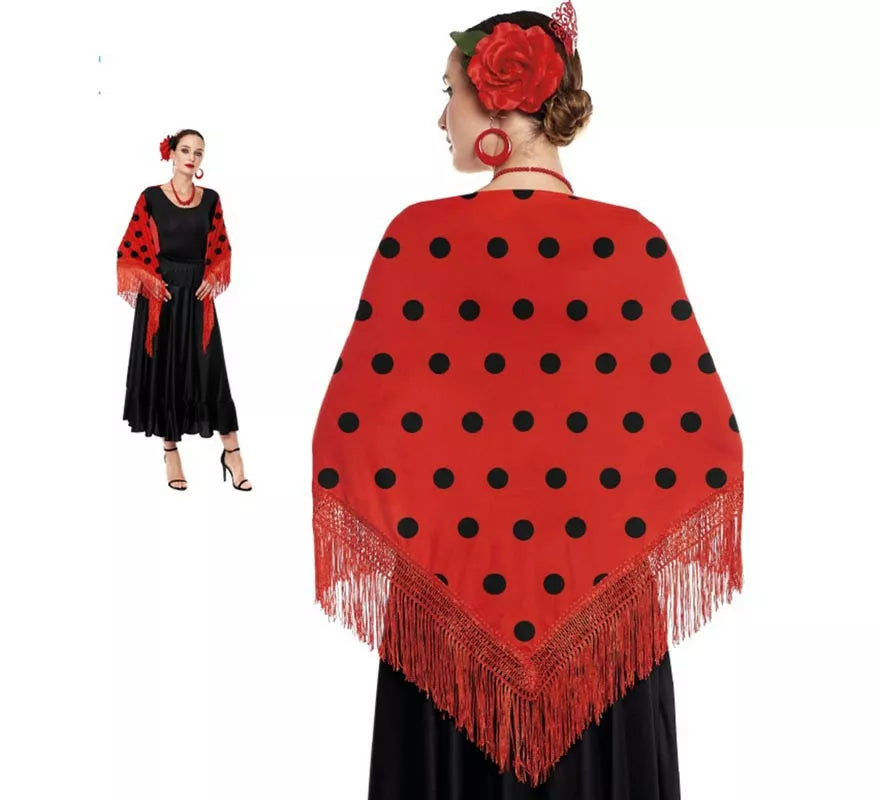 Mantón de Sevillana o Chulapa Rojo con Lunares negros de 150x60 cm