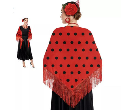 Mantón de Sevillana o Chulapa Rojo con Lunares negros de 150x60 cm