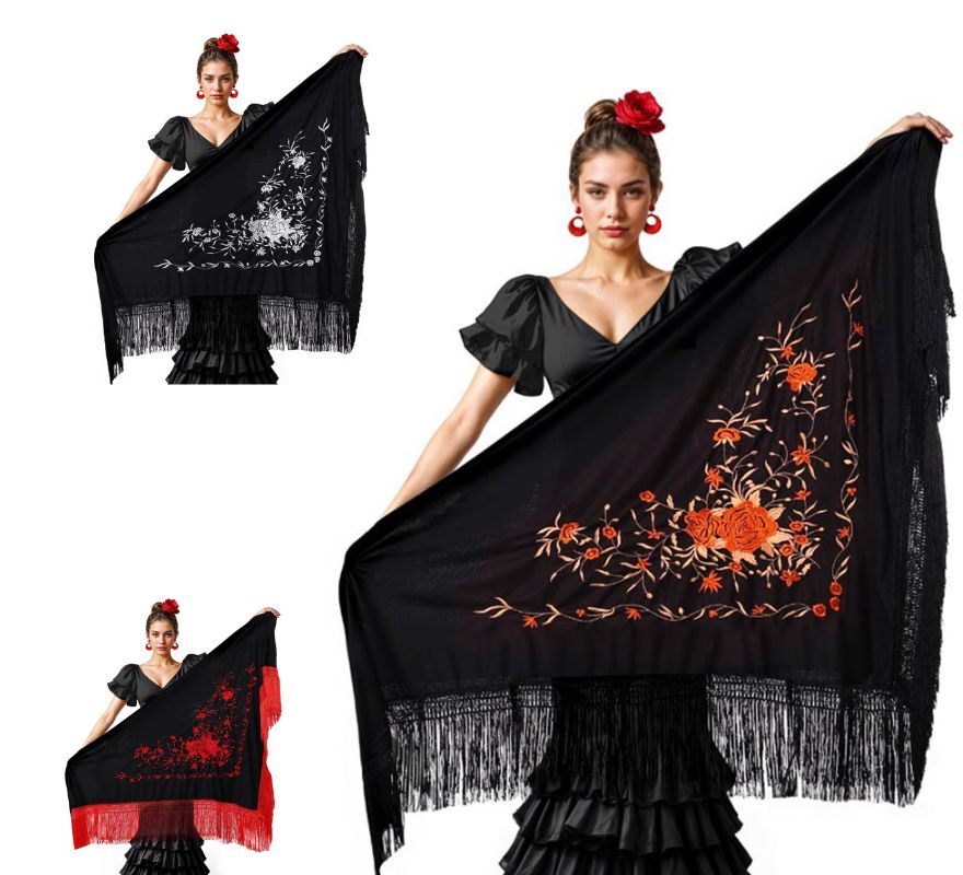 Translation missing: en.Mantón negro bordado de 200x95 cm en varios colores