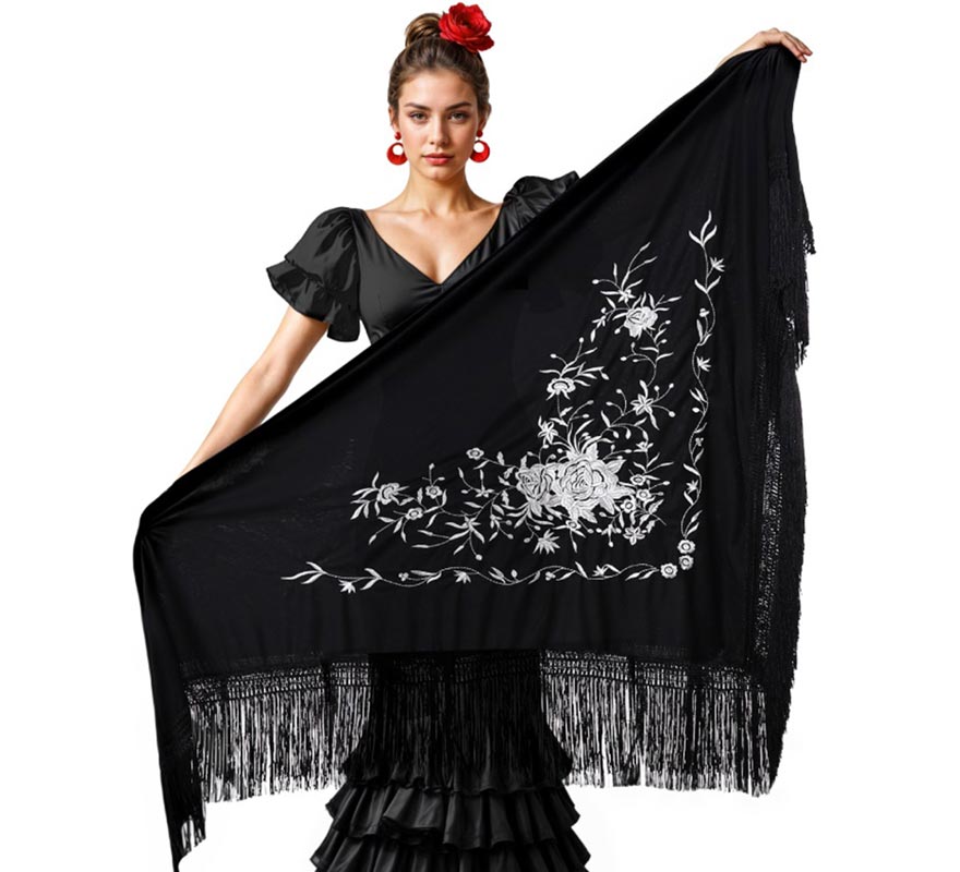 Translation missing: en.Mantón negro bordado de 200x95 cm en varios colores
