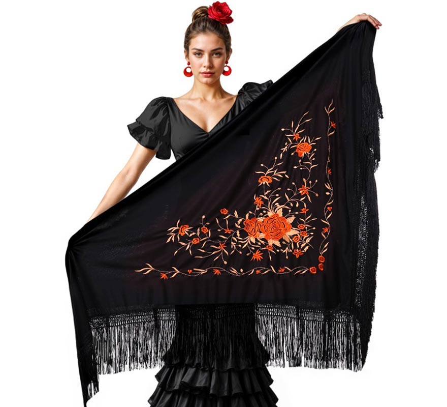 Translation missing: en.Mantón negro bordado de 200x95 cm en varios colores