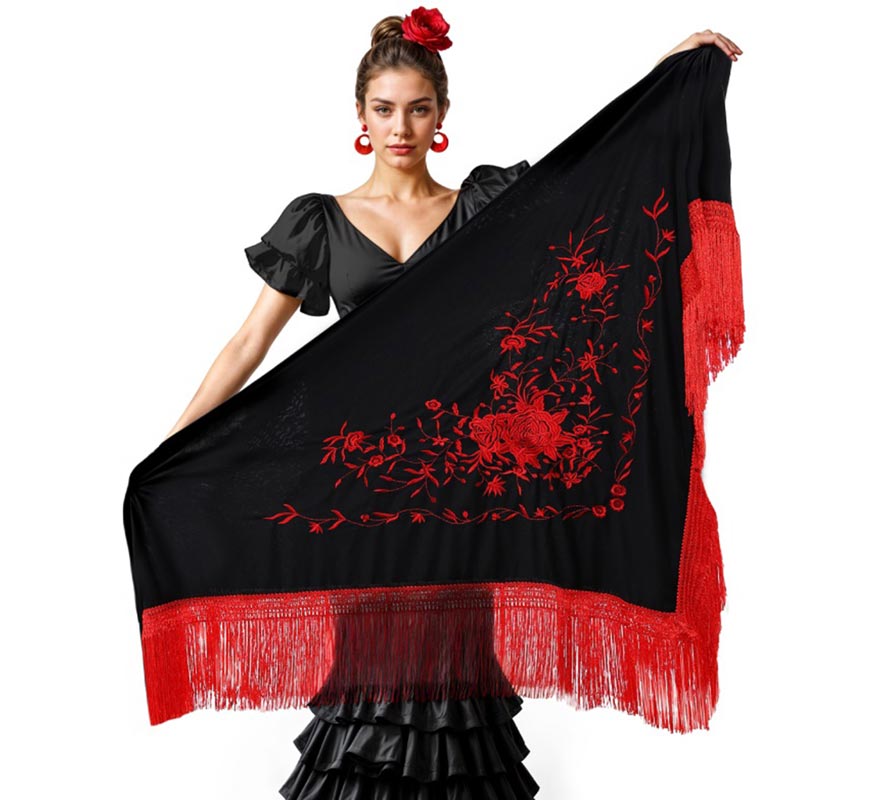 Translation missing: en.Mantón negro bordado de 200x95 cm en varios colores