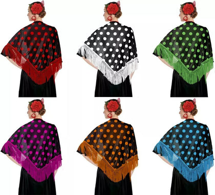 Mantón Sevillana o Chulapa de 150x60 cm negro y lunares en varios colores