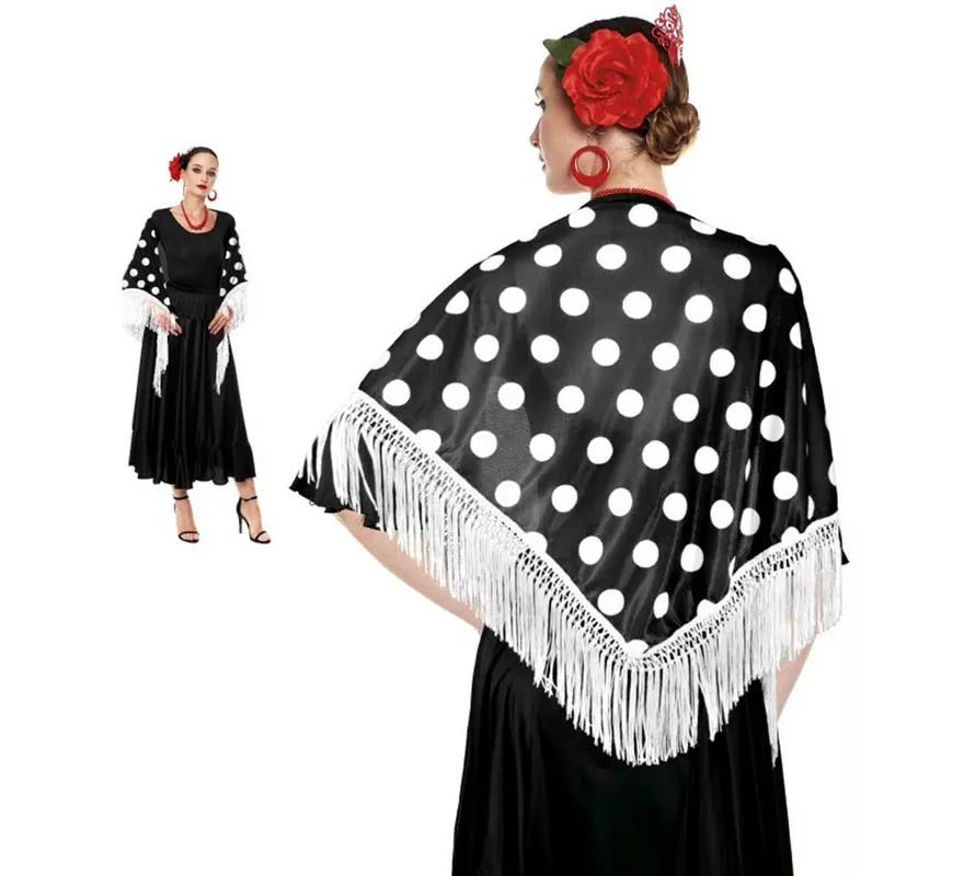 Mantón Sevillana o Chulapa de 150x60 cm negro y lunares en varios colores