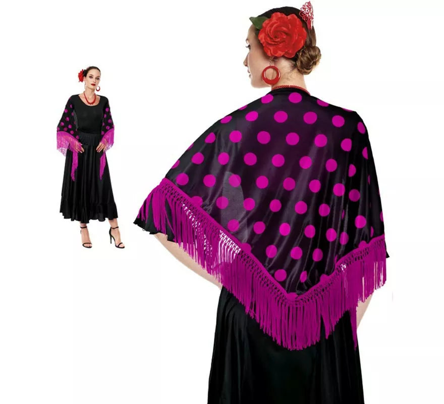 Translation missing: en.Mantón Sevillana o Chulapa de 150x60 cm negro y lunares en varios colores