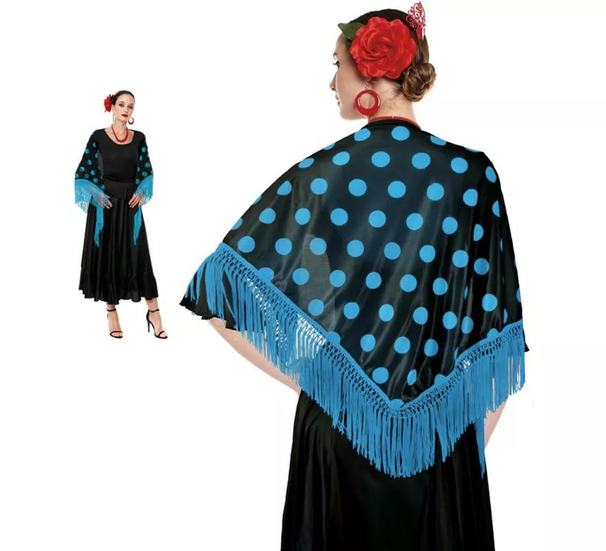 Mantón Sevillana o Chulapa de 150x60 cm negro y lunares en varios colores