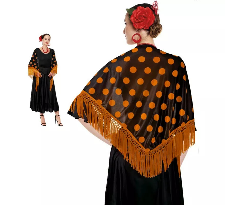 Translation missing: en.Mantón Sevillana o Chulapa de 150x60 cm negro y lunares en varios colores
