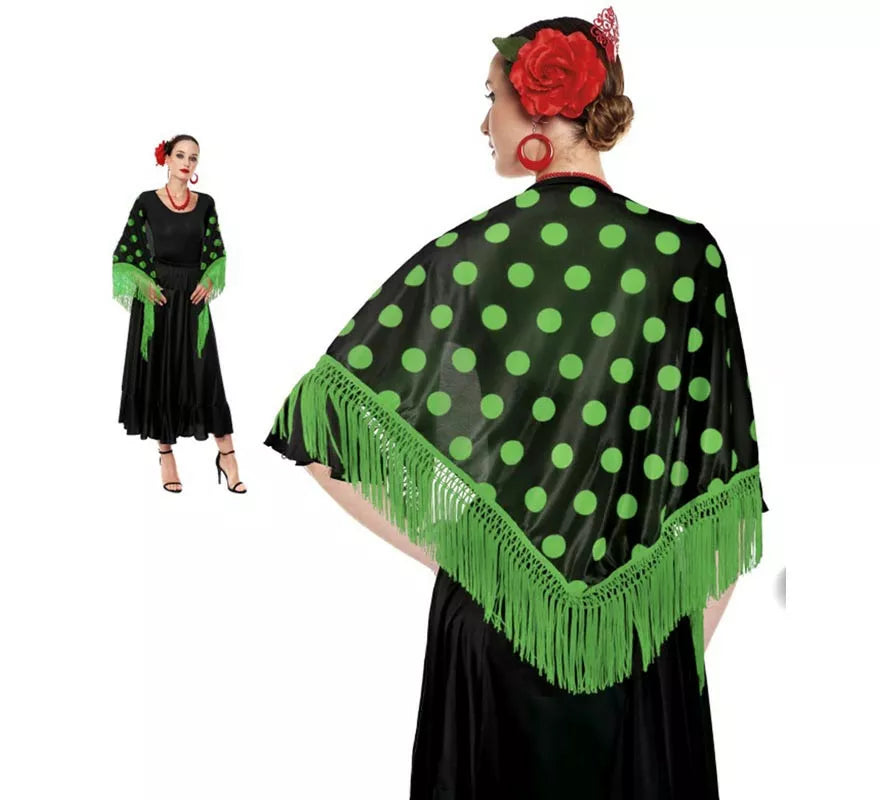 Mantón Sevillana o Chulapa de 150x60 cm negro y lunares en varios colores