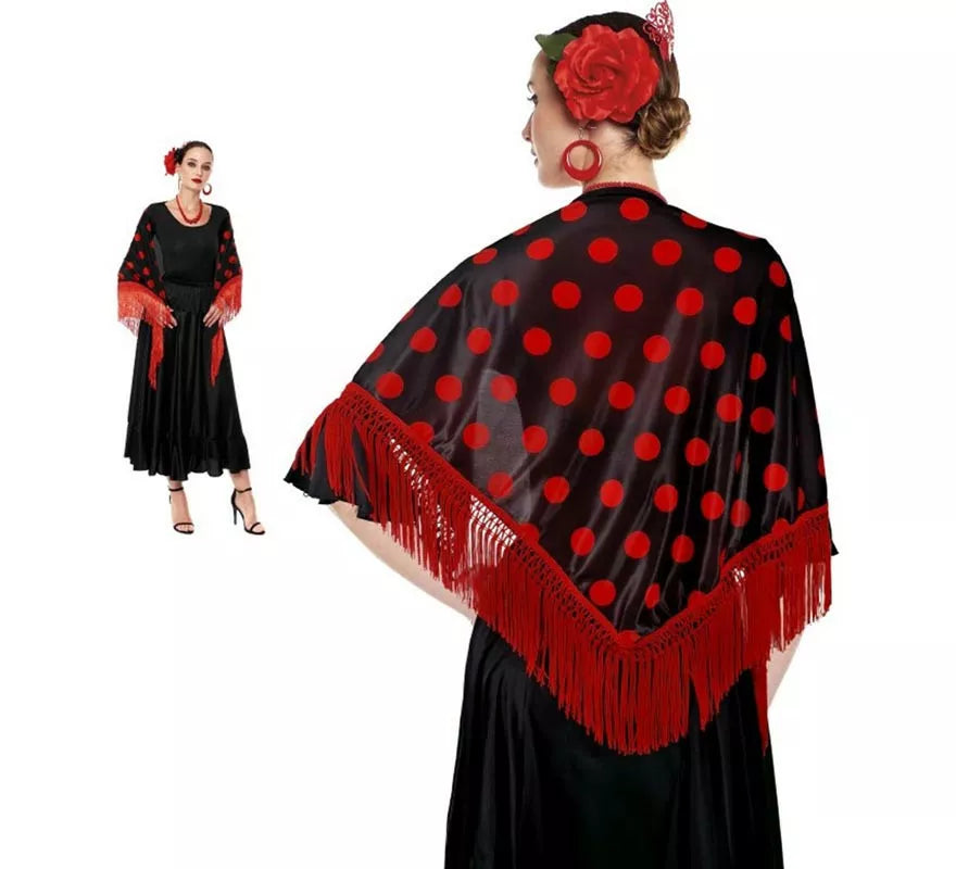 Mantón Sevillana o Chulapa de 150x60 cm negro y lunares en varios colores