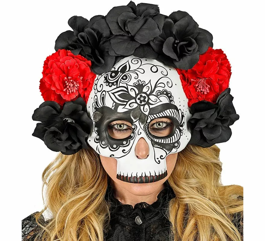 Translation missing: en.Máscara Calavera Día de Los Muertos con Rosas negras y rojas