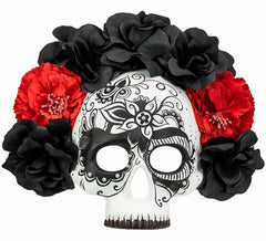 Day of the Dead Skull Mask with Black and Red Roses