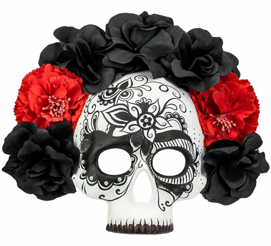 Translation missing: en.Máscara Calavera Día de Los Muertos con Rosas negras y rojas