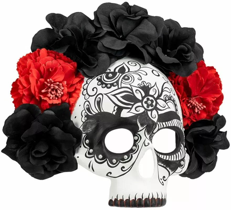 Máscara Calavera Día de Los Muertos con Rosas negras y rojas
