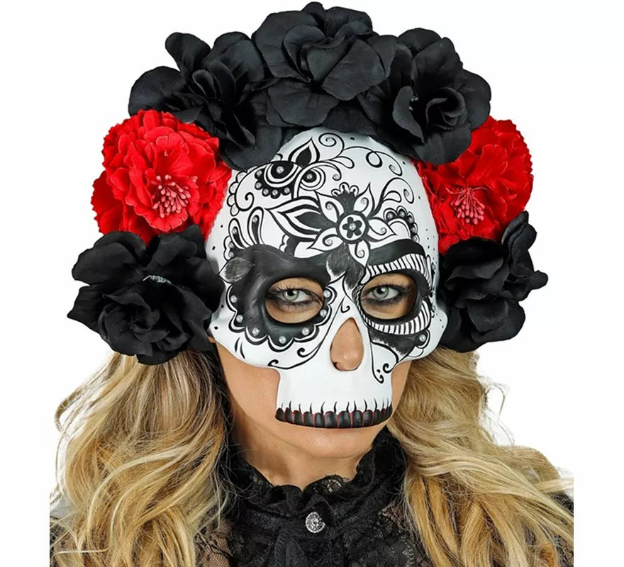 Máscara Calavera Día de Los Muertos con Rosas negras y rojas