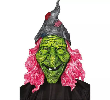 Máscara de Bruja Verde con pelo rosa