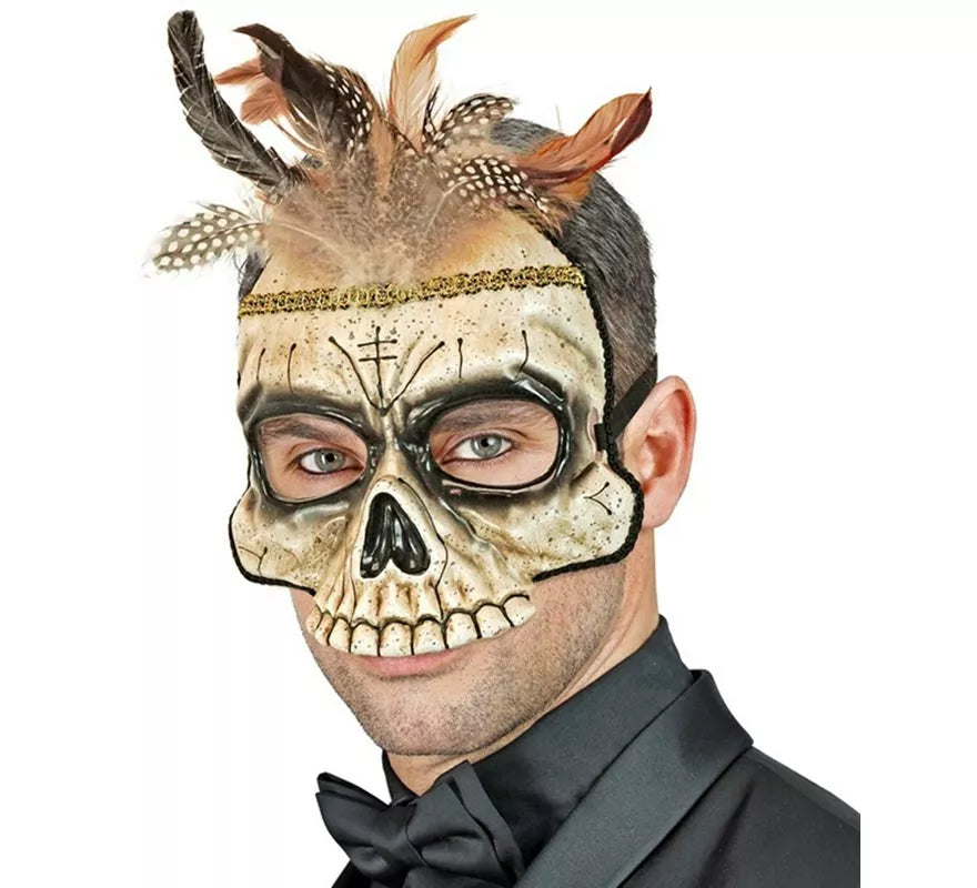 Máscara de Calavera Vudú con Plumas sin Barbilla